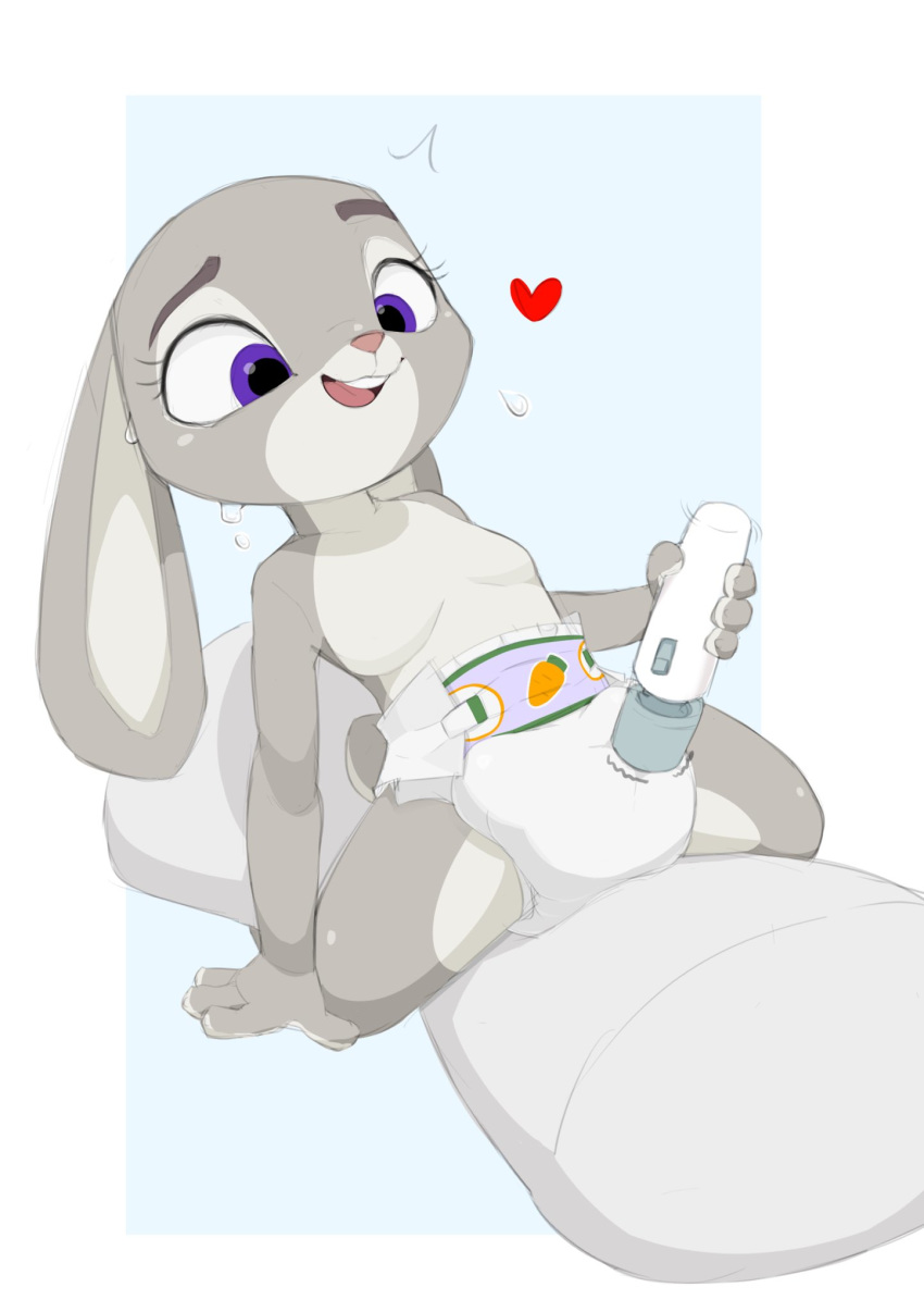 &lt;3 anthro bodily_fluids breasts cushion diaper disney featureless_breasts female hi_res hitachi_magic_wand judy_hopps kneeling lagomorph leporid mammal masturbation nippleless nude nyanyakotarou open_mouth pillow rabbit sex_toy small_breasts solo sweat teeth vibrating vibrator zootopia