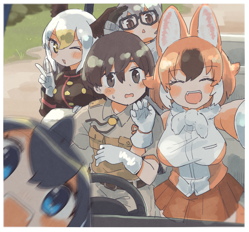 1boy 4girls animal_ears bald_eagle_(kemono_friends) bare_shoulders bird_girl bird_wings black_gloves black_hair blonde_hair blowhole blue_eyes bow bowtie brown_eyes brown_hair captain_(kemono_friends) closed_eyes collarbone commentary_request common_dolphin_(kemono_friends) dhole_(kemono_friends) dog_ears dog_girl dorsal_fin eyebrows_visible_through_hair fangs fur_collar glasses gloves grey_hair hair_between_eyes hasu_(zatsugami) head_wings highres kemono_friends kemono_friends_3 light_brown_hair locked_arms long_hair meerkat_(kemono_friends) multicolored_hair multiple_girls one_eye_closed salute self_shot short_hair short_sleeves sleeveless uniform white_gloves white_hair white_neckwear wings yellow_eyes