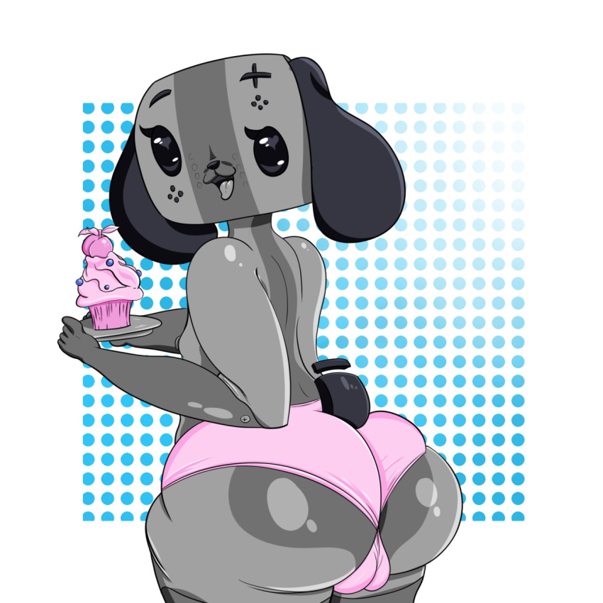 &lt;3 &lt;3_eyes 1:1 8-pus animate_inanimate anthro big_butt breasts butt camel_toe canid clothed clothing cupcake female food hi_res holding_object holding_plate looking_at_viewer looking_back mammal nintendo nintendo_switch nipples open_mouth panties partially_clothed plate plump_camel_toe rear_view short_stack simple_background smile solo standing switch_dog thick_thighs tongue tongue_out topless underwear video_games white_background wide_hips