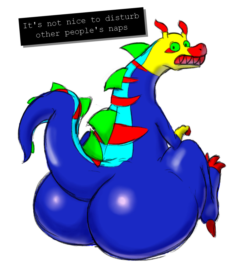 2020 ambiguous_gender anthro big_butt butt colorful dialogue digital_drawing_(artwork) digital_media_(artwork) dragon english_text hi_res kiffy_(artist) looking_back multicolored_body scales simple_background solo space_funeral swamptrogg text thick_thighs video_games