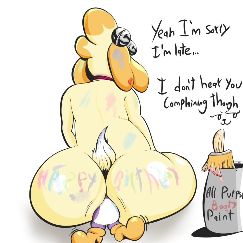 &gt;:3 1:1 8-pus ambiguous_gender ambiguous_on_bottom animal_crossing anthro big_butt brush bucket butt canid canine canis collar dialogue domestic_dog duo english_text facesitting female female/ambiguous female_focus female_on_top fur hair happy_birthday hi_res isabelle_(animal_crossing) looking_back mammal narrowed_eyes nintendo nude on_bottom on_top paint paint_bucket paintbrush rear_view seductive seductive_eyes shih_tzu simple_background sitting smile solo_focus text thick_thighs toy_dog video_games white_background wide_hips yellow_body yellow_fur