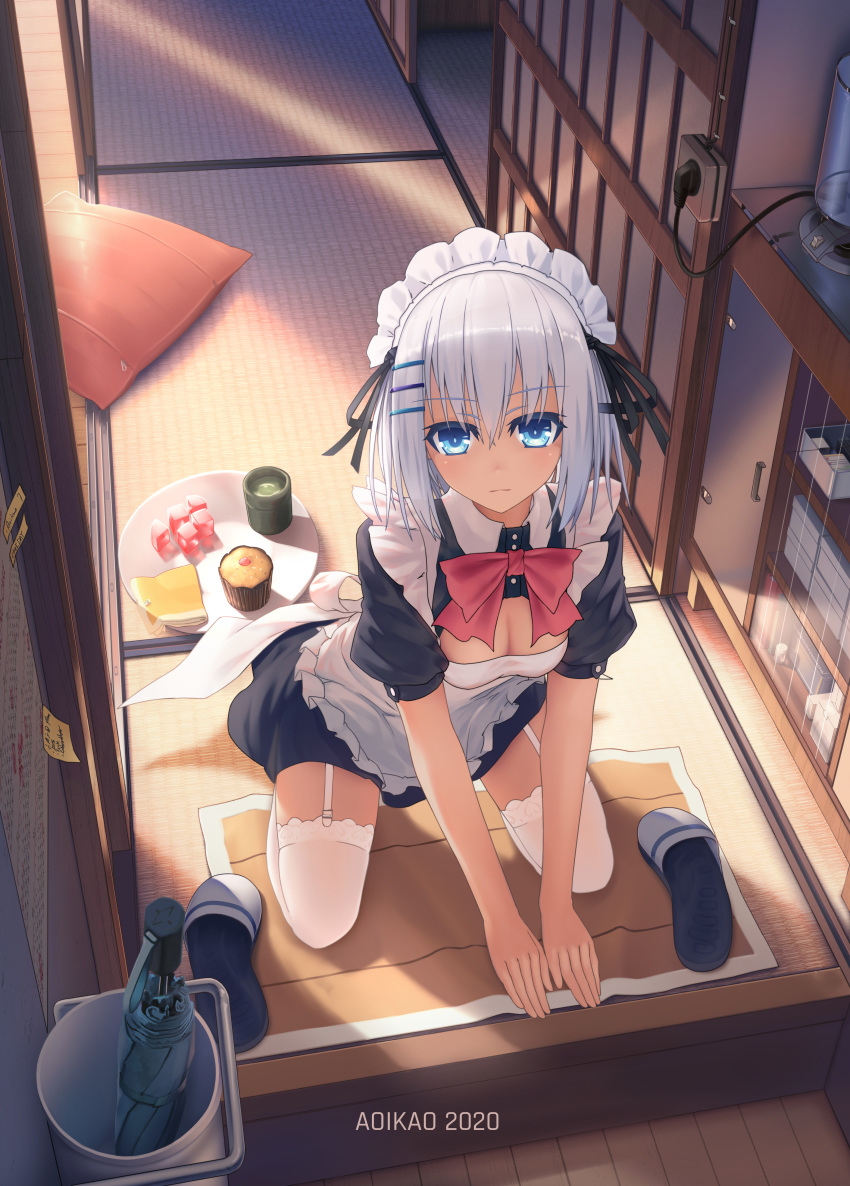1girl absurdres aoi_kao_(lsz7106) apron blue_dress blue_eyes blush breasts cleavage cleavage_cutout commentary_request cupcake date_a_live day dress expressionless food frilled_apron frills full_body garter_straps hair_between_eyes hair_ornament hairclip hands_on_floor hands_together highres kneeling looking_at_viewer maid_dress maid_headdress medium_breasts medium_hair red_neckwear silver_hair sitting_on_floor solo tatami tea thighhighs tobiichi_origami tray white_apron white_legwear