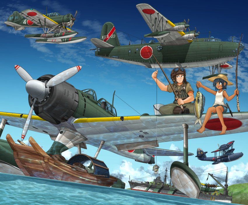 1boy 1girl a6m2-n aircraft airplane akitsushima_(seaplane_tender) aviator_cap bangs barefoot black_hair black_headwear blue_shorts blue_sky boots brown_footwear brown_headwear brown_pants brown_shirt bucket closed_mouth cloud cloudy_sky commentary_request day fish fishing fishing_rod flight_goggles frown goggles goggles_on_headwear h8k hat highres looking_at_another mikeran_(mikelan) military military_uniform military_vehicle ocean open_mouth original outdoors pants partial_commentary roundel ship shirt short_hair shorts sitting sky smile sun_hat sweatdrop tan tank_top uniform vehicle_request watercraft white_shirt world_war_ii