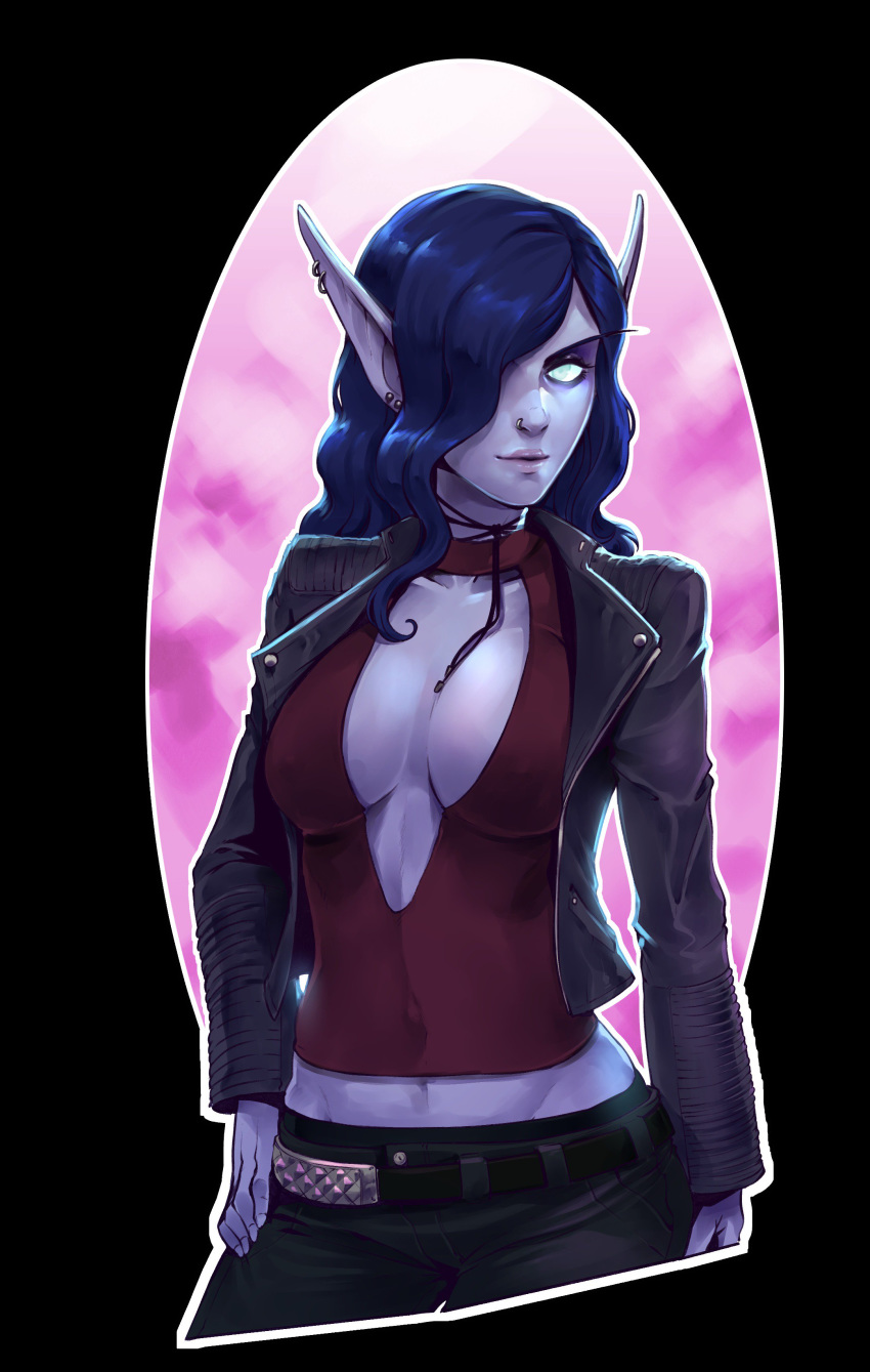1girl absurdres belt black_belt black_jacket black_pants blue_hair blue_skin breasts center_opening choker cleavage collarbone commentary covered_navel cropped_jacket cropped_legs d-rex ear_piercing earrings elf grey_skin hair_over_one_eye highres jacket jewelry large_breasts long_hair midriff navel night_elf open_clothes open_jacket pants piercing pointy_ears purple_skin red_shirt shirt solo warcraft white_eyes world_of_warcraft