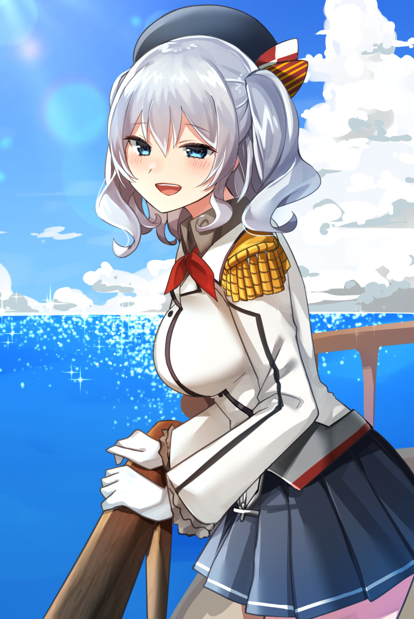 1girl absurdres beret black_headwear black_skirt blue_eyes blue_sky breasts cloud day epaulettes frilled_sleeves frills from_side gloves hat highres jacket kantai_collection kashima_(kantai_collection) katsuobushi_(eba_games) kerchief large_breasts long_sleeves military military_jacket military_uniform miniskirt neckerchief outdoors pleated_skirt red_neckwear sidelocks silver_hair skirt sky solo twintails uniform wavy_hair white_gloves white_jacket