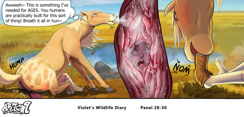 2020 5_toes anus artca9 barefoot bestiality big_butt biped bite black_hooves black_text blonde_mane bodily_fluids boots border breath brown_body brown_boots brown_eyebrows brown_fur brown_hair butt close-up clothing cloud comic cutaway day detailed_background digital_drawing_(artwork) digital_media_(artwork) domination duo english_text equid equine eyebrows facesitting female female/female female_penetrated female_penetrating female_penetrating_female female_pred female_prey feral feral_domination feral_penetrated feral_pred footwear fur genital_fluids genitals grass grey_text hair half-closed_eyes hi_res hooves horse huge_butt human human_on_feral human_penetrating human_penetrating_feral human_prey imminent_vore internal interspecies larger_female larger_feral long_hair looking_pleasured looking_up lying mammal mane mostly_nude multiple_scenes narrowed_eyes nude number on_back on_ground onomatopoeia open_mouth outside panting penetration plap_(sound) ponytail puffy_anus pussy pussy_juice quadruped red_tongue rock side_view signature sitting size_difference sky smaller_female smaller_human sound_effects standing tan_body tan_fur tan_skin teeth text thinking thought_bubble thrust thrusting toes tongue undressing uvula vaginal vaginal_penetration violet_(artca9) vore water watermark wet white_border white_text wide_eyed yellow_eyes