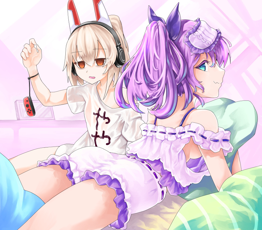 2girls :3 absurdres ass ayanami_(azur_lane) ayanami_(niconico)_(azur_lane) azur_lane bed bed_sheet breasts commentary_request controller empty_eyes eye_mask game_controller green_eyes hair_ribbon headgear headphones highres huge_filesize javelin_(azur_lane) javelin_(operation:_pillow_fight!)_(azur_lane) joy-con long_hair looking_at_viewer looking_back lying mask mask_on_head multiple_girls nintendo nintendo_switch on_stomach orange_eyes oversized_clothes oversized_shirt pajamas parted_lips pillow pillow_hug ponytail purple_hair ribbon shirt shorts sideboob silver_hair sleepover t-shirt take_yaki translation_request