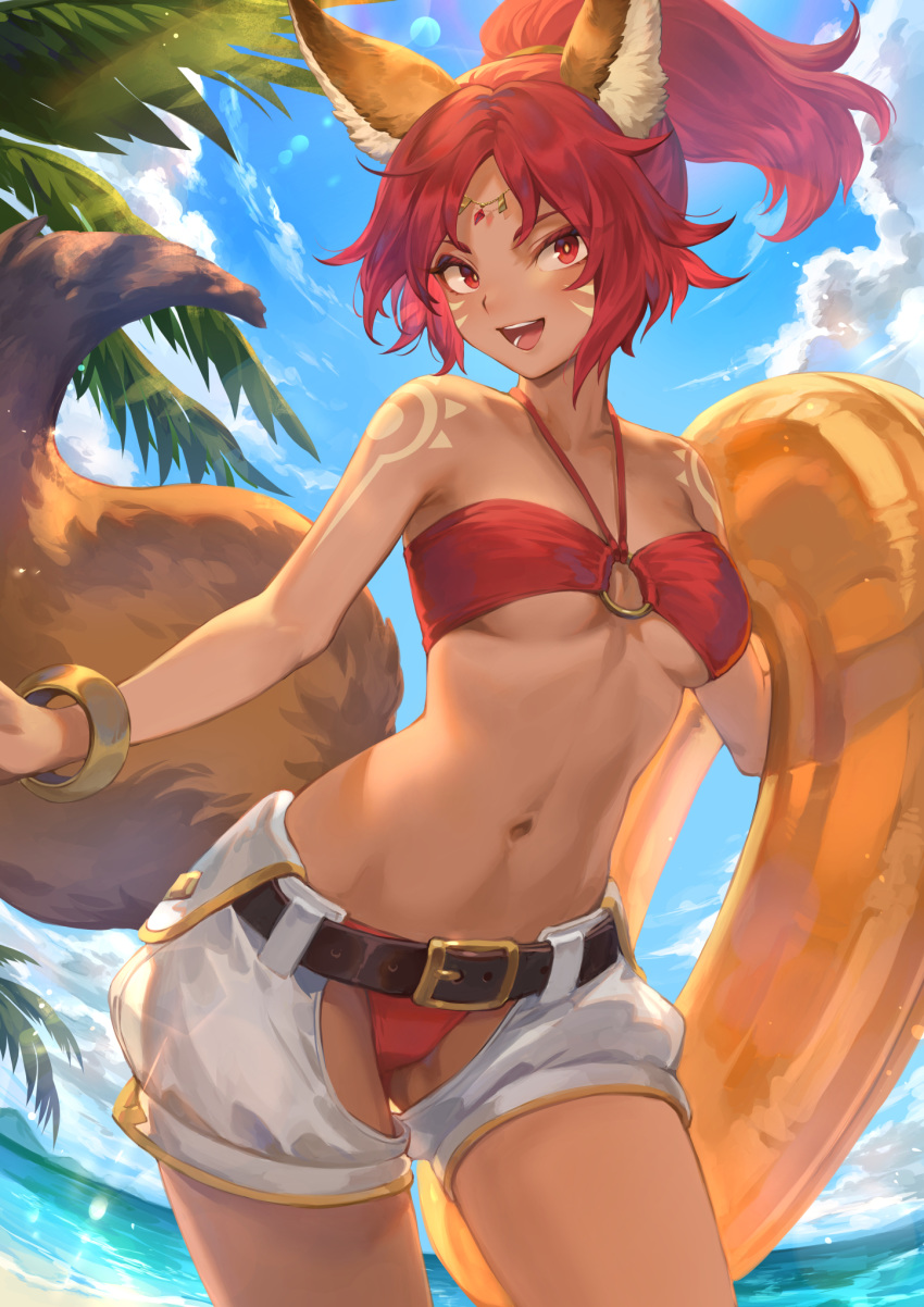 1girl afk_arena animal_ears bangs bare_shoulders belt bikini blue_sky bracelet breasts cloud cloudy_sky commentary_request dark_skin day facial_mark halterneck high_ponytail highres holding innertube jewelry looking_at_viewer mashuu_(neko_no_oyashiro) medium_breasts navel o-ring o-ring_bikini ocean open_mouth outdoors palm_leaf parted_bangs ponytail red_bikini red_eyes red_hair shorts simple_background sky solo stomach sunlight swimsuit tail tattoo tied_hair water