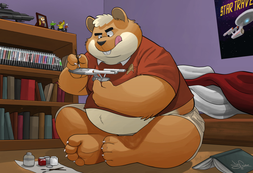 anthro belly cricetid dj dj-rodney fan_(disambiguation) fanboy forebucks forepawz geek hamster male mammal model nerd overweight painting paws rodent rodney slightly_chubby star travel trek