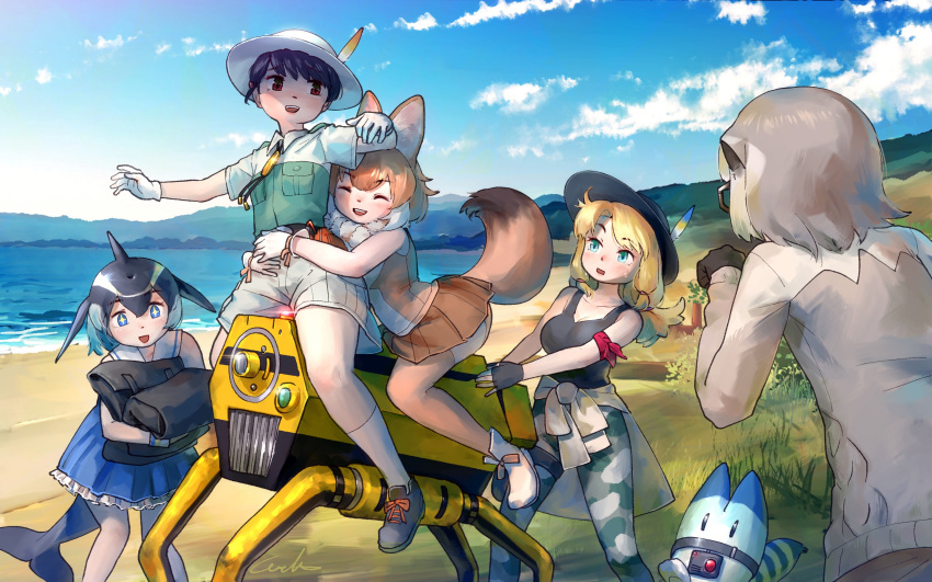 +_+ 4girls :d ^_^ androgynous aqua_eyes armband bare_shoulders beach black_footwear black_gloves black_hair black_headwear black_tank_top blonde_hair blowhole blue_eyes blue_hair boots breast_pocket brown_eyes brown_skirt calenda_(kemono_friends) camouflage camouflage_pants captain_(kemono_friends) closed_eyes clothes_around_waist commentary_request common_dolphin_(kemono_friends) day dhole_(kemono_friends) dolphin_tail dress fingerless_gloves frilled_dress frills gloves grass grey_hair hat hat_feather highres hug kemono_friends_3 long_hair long_sleeves lucky_beast_(kemono_friends) meerkat_(kemono_friends) multicolored_hair multiple_girls open_mouth outdoors pants pocket riding robot sailor_collar sailor_dress shirt shirt_around_waist short_hair shorts signature skirt sleeveless sleeveless_dress sleeveless_shirt smile socks tank_top thigh_strap thighhighs two-tone_hair waist_hug water welt_(kinsei_koutenkyoku) white_footwear white_gloves white_hair white_headwear white_shorts