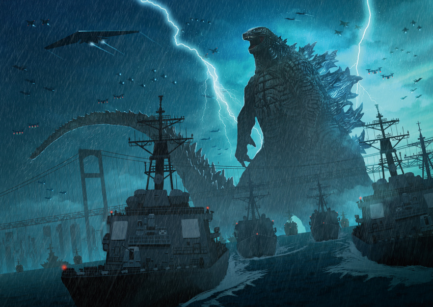 aircraft airplane bridge cloud cloudy_sky commentary_request destroyer drone fighter_jet giant_monster godzilla godzilla_(series) highres jet kaijuu lightning looking_away military military_vehicle monster no_humans open_mouth rain sharp_teeth ship sky spines standing storm suspension_bridge suttoko tail teeth warship water watercraft
