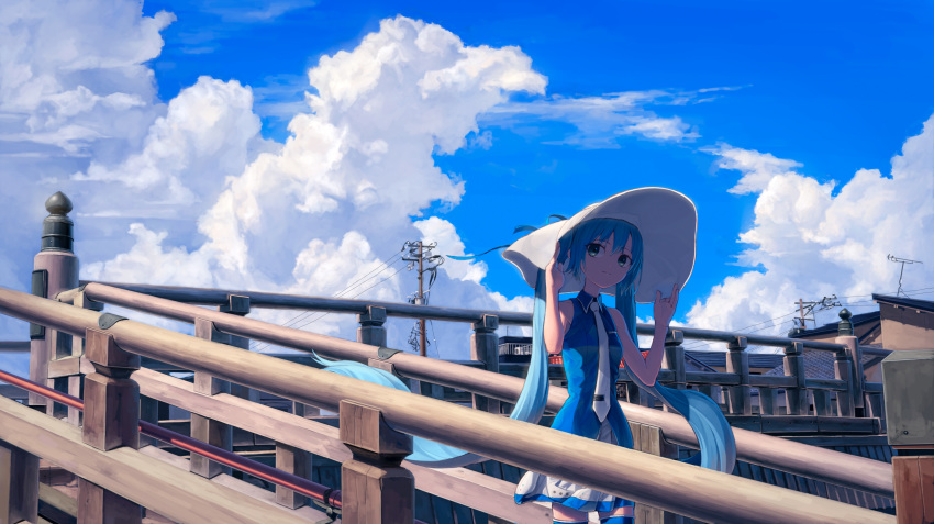 1girl absurdres aqua_eyes bare_shoulders blue_hair blue_legwear blue_shirt blue_sky building cloud commentary cowboy_shot day english_commentary hat hatsune_miku highres holding holding_clothes holding_hat large_hat light_smile long_hair miniskirt mixed-language_commentary necktie outdoors pleated_skirt pocari_sweat scenery shirt skirt sky sleeveless sleeveless_shirt stairs summer thighhighs turu twintails utility_pole very_long_hair vocaloid white_headwear white_neckwear white_skirt zettai_ryouiki
