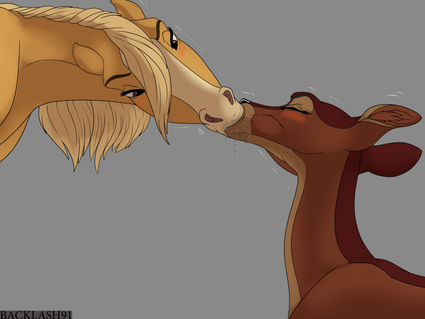 2020 4:3 backlash91 bambi's_mother bambi_(film) blonde_mane blush bodily_fluids brown_body brown_fur cervid conditional_dnp disney duo equid equine esperanza_(cimarron) eyes_closed female female/female feral fur half-closed_eyes hi_res horse interspecies kissing mammal mane multicolored_body multicolored_fur narrowed_eyes saliva spirit:_stallion_of_the_cimarron yellow_body yellow_fur