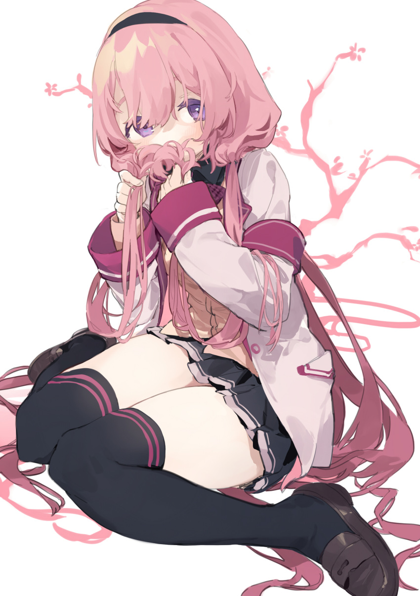 1girl absurdres bangs black_legwear blush covering_mouth hair_between_eyes hairband highres holding holding_hair jacket loafers long_hair looking_at_viewer low_twintails nijisanji open_clothes open_jacket pink_hair purple_eyes school_uniform sh_(562835932) shoes simple_background sitting solo suou_sango thighhighs thighs twintails very_long_hair virtual_youtuber wariza white_background white_jacket zettai_ryouiki