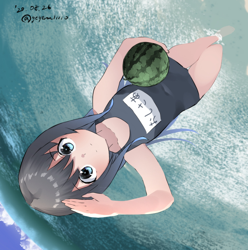 1girl asashio_(kantai_collection) black_hair blue_eyes blue_sky cloud commentary_request covered_navel day flat_chest food fruit gegeron highres horizon kantai_collection long_hair looking_at_viewer name_tag ocean outdoors salute school_swimsuit sky soaking_feet solo swimsuit upside-down water watermelon