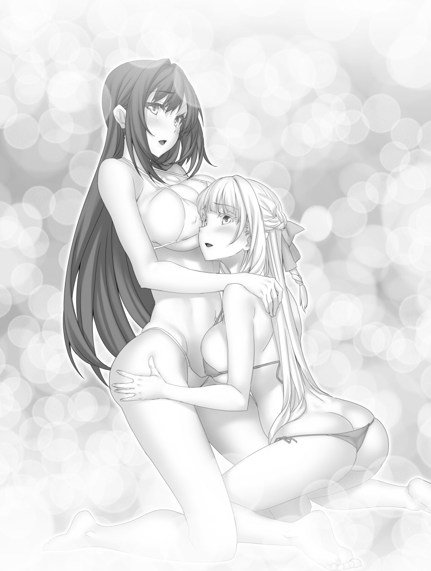 2girls absurdres ass bare_arms bare_legs barefoot bikini blurry bokeh braid breasts butt_crack cleavage depth_of_field dimples_of_venus eyebrows_visible_through_hair from_side greyscale highres kannatsuki_noboru kneeling large_breasts long_hair magical_explorer micro_bikini monochrome multiple_girls novel_illustration official_art one_side_up side-tie_bikini side_braid sideboob sidelocks skindentation strap_gap string_bikini swimsuit