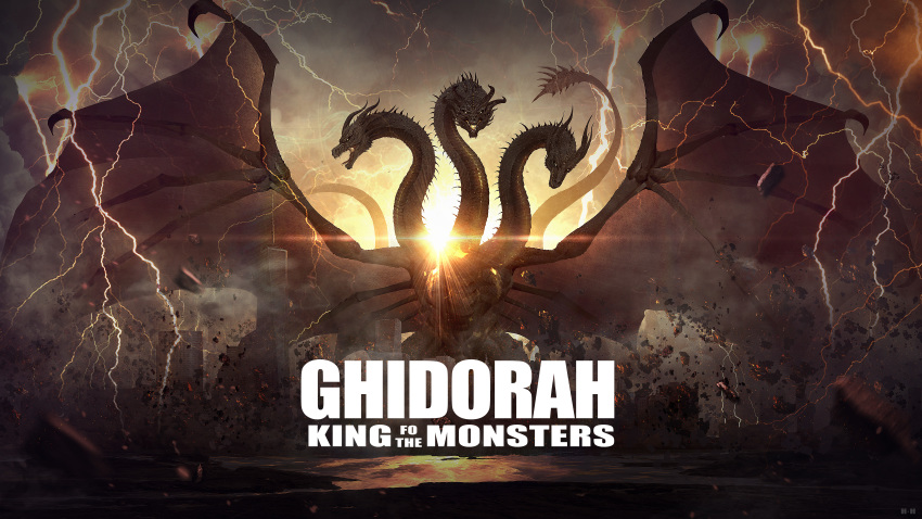 absurdres artist_name character_name city cloud dark_clouds debris destruction dragon dragon_horns dragon_wings giant_monster glowing glowing_eyes godzilla:_king_of_the_monsters h.h highres horns kaijuu king_ghidorah king_ghidorah_(godzilla:_king_of_the_monsters) lightning looking_at_viewer monster multiple_heads multiple_tails no_humans open_mouth scales sky spread_wings standing sun tail teeth twilight wings yellow_eyes