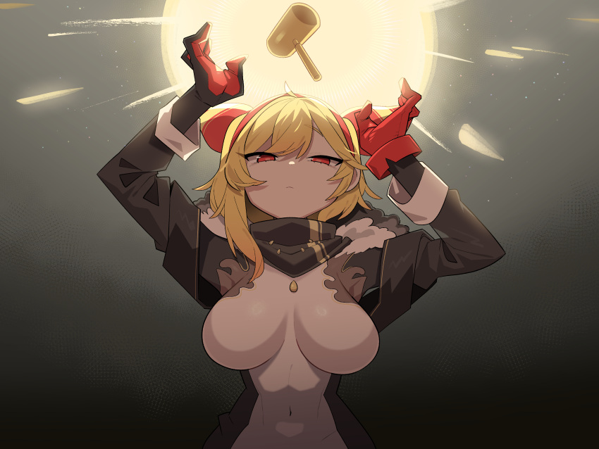 1girl absurdres ahoge black_scarf blonde_hair breasts cocomayo29_(tomato) commentary_request covered_navel dress fur_collar gloved_sleeves gloves half-closed_eyes highres hololive hololive_indonesia impossible_clothes impossible_dress kaela_kovalskia kaela_kovalskia_(1st_costume) korean_commentary large_breasts long_sleeves looking_up mallet red_eyes red_gloves scarf single_glove skin_tight solo upper_body virtual_youtuber