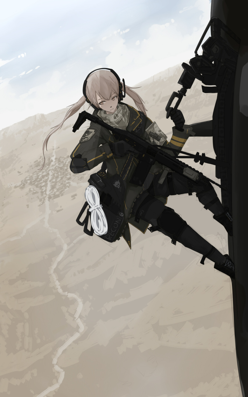 1girl absurdres aircraft bag brown_hair chinese_robot_kid earth eyebrows_visible_through_hair grey_eyes grey_scarf gun hand_on_weapon headphones headset helicopter highres holding holding_weapon jacket long_hair looking_down military military_jacket military_uniform original painttool_sai_(medium) pants rifle rope scarf solo twintails uniform weapon