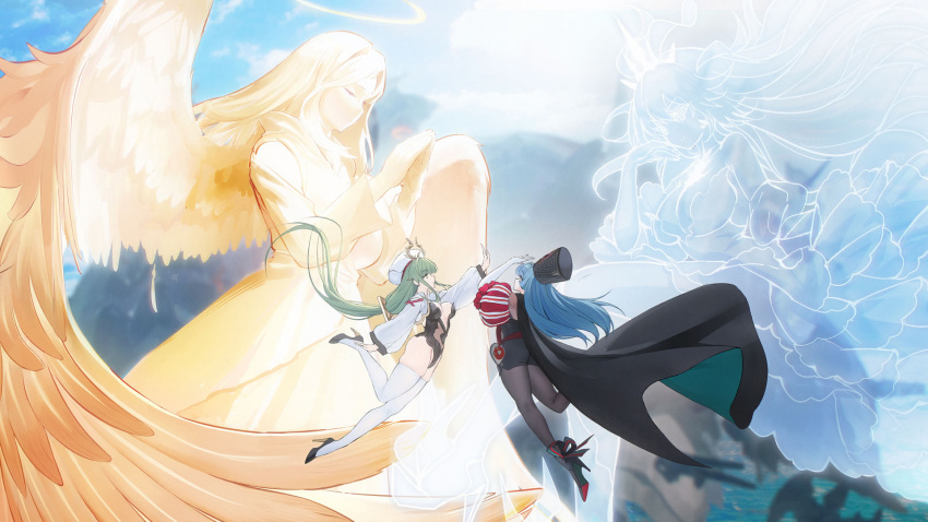 3girls angel angel_wings arbiter_the_hierophant_v_(azur_lane) azur_lane black_hat black_thighhighs blue_hair breasts floating floating_hair game_cg green_hair hat highres horns marco_polo_(azur_lane) multiple_girls non-web_source praying raffaello_(azur_lane) reaching reaching_towards_another thighhighs transparent white_thighhighs wings