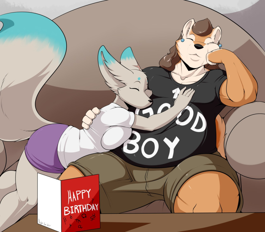 2017 anthro argo_(dragonwingeddestroyer) big_butt birthday blue_ears bottomwear breasts brown_hair butt canid canine canis clothed clothing curvy_figure daughter domestic_dog duo ear_piercing eyelashes eyeliner eyes_closed father father_and_child father_and_daughter female fennec fox fur furniture hair hand_on_back hand_on_chest makeup male mammal multicolored_body multicolored_ears multicolored_fur multicolored_tail nieve_(dragonwingeddestroyer) nightfaux orange_body orange_fur overweight overweight_male parent parent_and_child piercing relaxing shirt shorts skirt sofa spitz t-shirt thick_thighs topwear white_body white_fur wide_hips