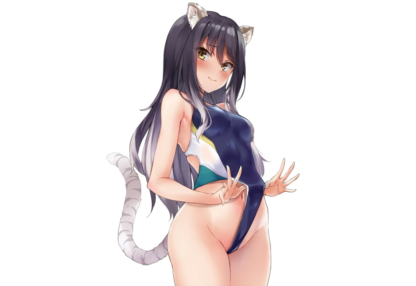 animal_ears black_hair blush catgirl kashiwazaki_shiori long_hair marisasu_(marisa0904) navel princess_connect! swimsuit tail white yellow_eyes