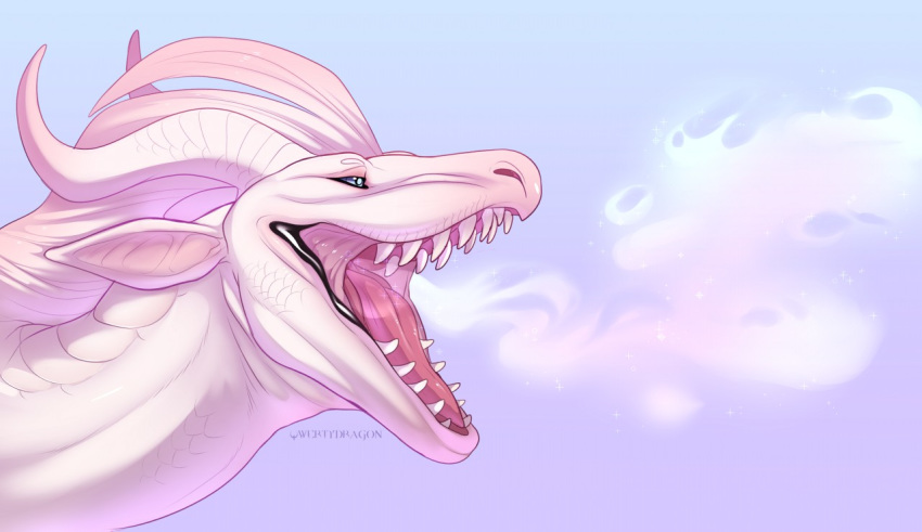 2018 albino ambiguous_gender blue_background blue_eyes breath digital_media_(artwork) dragon feral headshot_portrait horn multicolored_horn open_mouth pink_horn pink_tongue portrait qwertydragon scales scalie sharp_teeth shirakami side_view simple_background solo teeth tongue two_tone_horn white_body white_horn white_scales