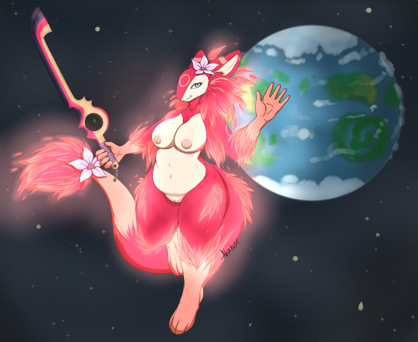 anthro azmia breasts fantasy female fire flower fluffy hi_res melee_weapon narusewolf neckfluff nipples overweight overweight_anthro overweight_female pakui plant slightly_chubby slit solo star sword weapon