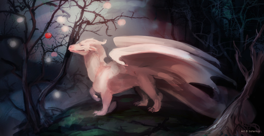 2018 albino ambiguous_gender apple claws dead_tree detailed_background digital_media_(artwork) digital_painting_(artwork) dragon feral food fruit hi_res horn long_tail membrane_(anatomy) membranous_wings outside plant quadruped saterina scales scalie shirakami side_view solo thick_tail tree white_body white_claws white_horn white_scales white_tail white_wings wings