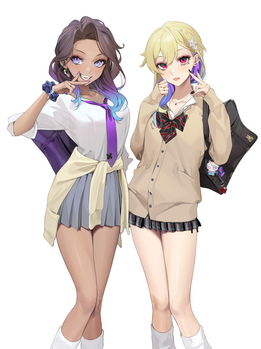 2girls absurdres bangs black_nails blonde_hair breasts brown_cardigan brown_hair cardigan clothes_around_waist collarbone grey_skirt gyaru hair_ornament hand_up hands_up highres hime_(splatoon) humanization iida_(splatoon) jewelry long_hair long_sleeves looking_at_viewer medium_breasts multiple_girls nail_polish necklace necktie ohisashiburi open_mouth pink_eyes plaid plaid_skirt pleated_skirt purple_eyes purple_neckwear skirt sleeves_past_wrists smile splatoon_(series) splatoon_2 standing star_(symbol) star_hair_ornament sweater sweater_around_waist teeth v v_over_mouth