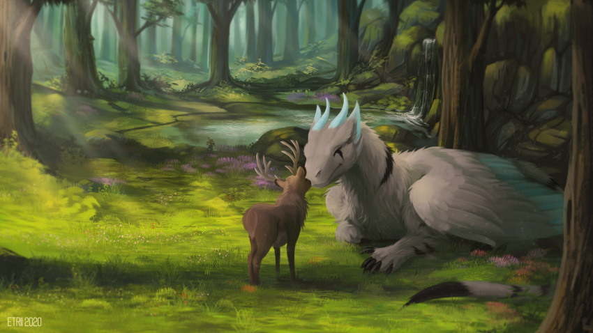 16:9 boop cervid darkflamewolf dragon female feral fluffy folded_wings forest hi_res llydia_the_fluff_dragon_(darkflamewolf) mammal nose_boop pond size_difference solo tree vampi waterfall widescreen wings