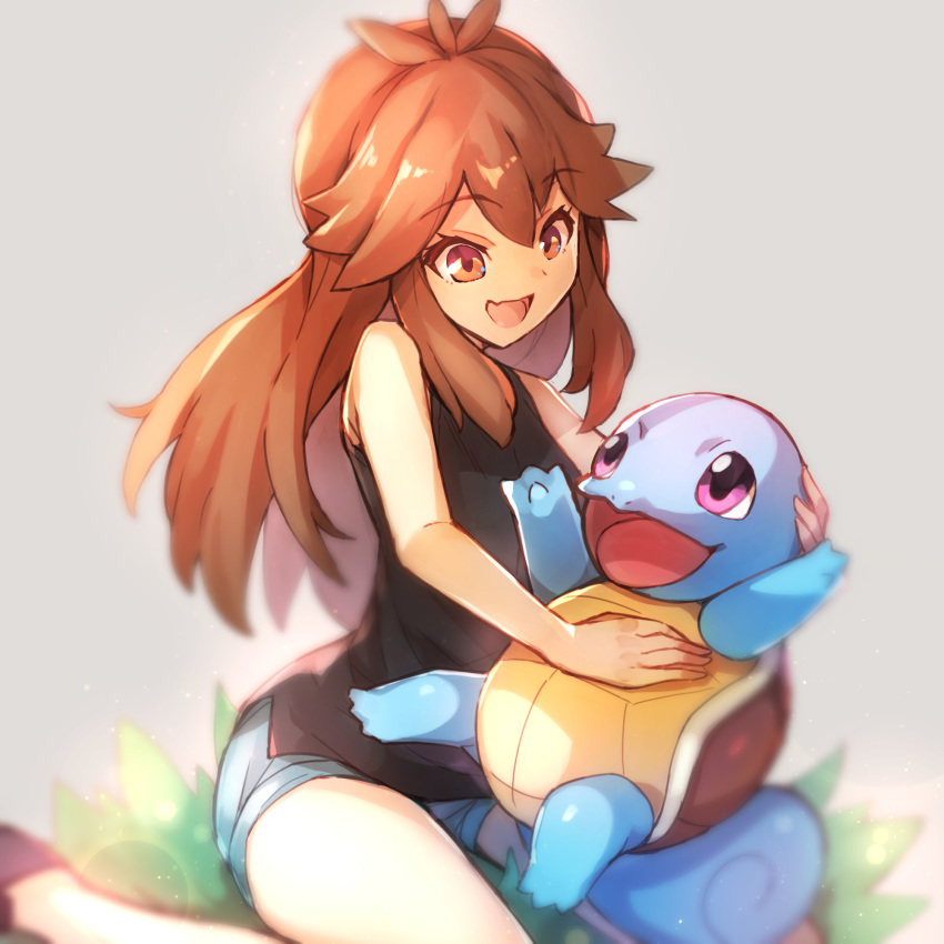 1girl bangs bare_arms black_tank_top blue_(pokemon) blue_shorts brown_eyes brown_hair commentary_request eyebrows_visible_through_hair eyelashes gen_1_pokemon grass highres kurou_sagi long_hair looking_down open_mouth pokemon pokemon_(creature) pokemon_(game) pokemon_lgpe shiny shiny_hair short_shorts shorts sidelocks squirtle tank_top tongue