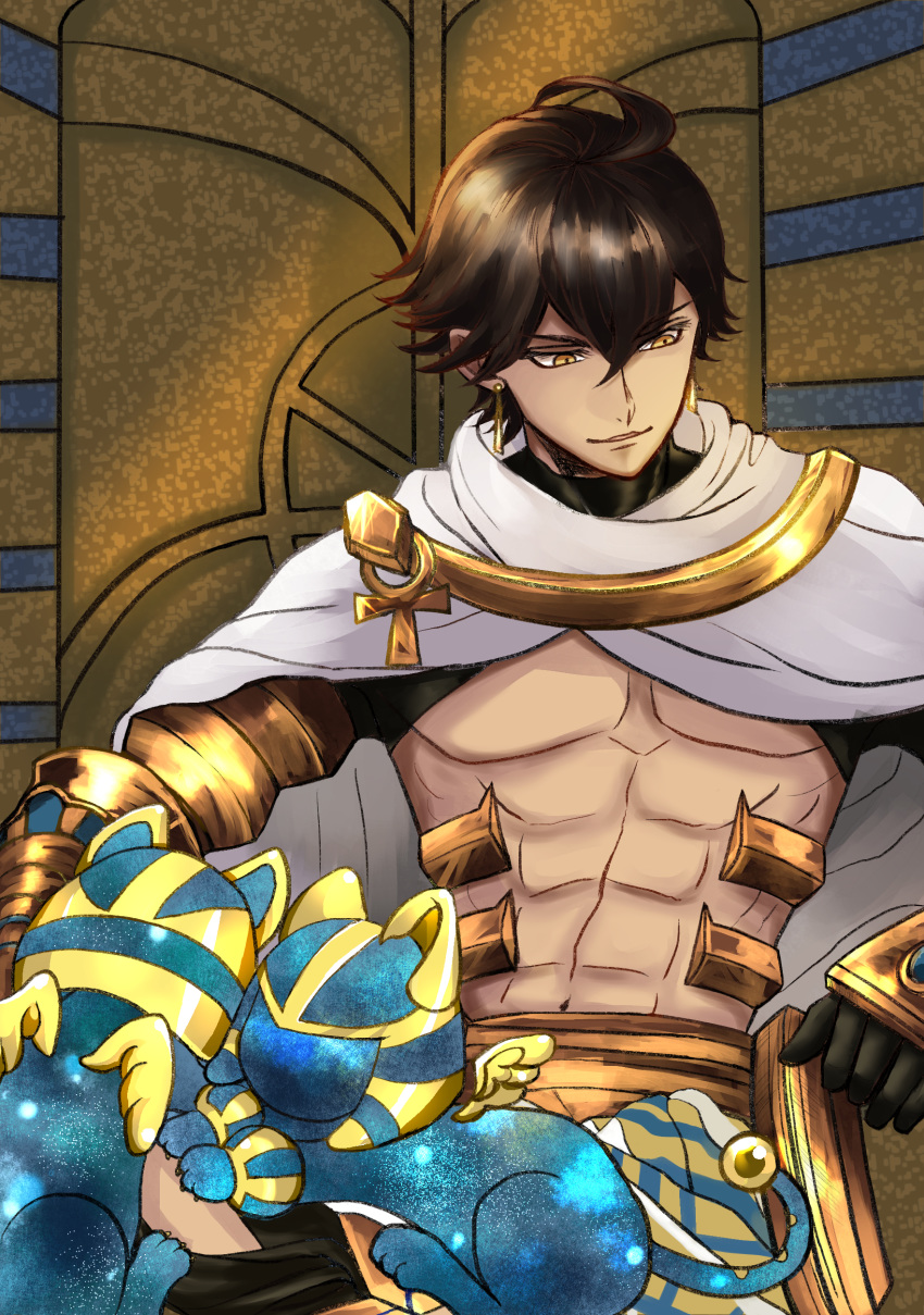 1boy abs absurdres ahoge animal animal_ears black_gloves brown_hair cape cat cat_ears cat_tail dark_skin dark_skinned_male egyptian egyptian_clothes fate/grand_order fate/prototype fate/prototype:_fragments_of_blue_and_silver fate_(series) gauntlets gloves hair_between_eyes highres holding holding_animal holding_cat jewelry looking_to_the_side male_focus muscle necklace ozymandias_(fate) plata_xx shirtless shrug_(clothing) solo tail white_cape yellow_eyes
