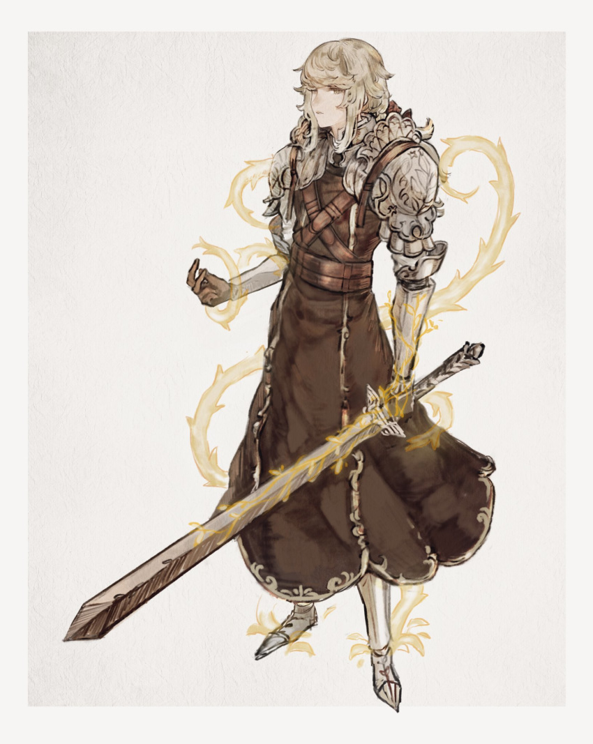 1boy armor belt brown_belt brown_eyes brown_gloves brown_hair closed_mouth gloves greaves highres holding holding_sword holding_weapon ito_(silva) long_hair magic male_focus original pauldrons shoulder_armor sketch solo sword thorns two-tone_background weapon