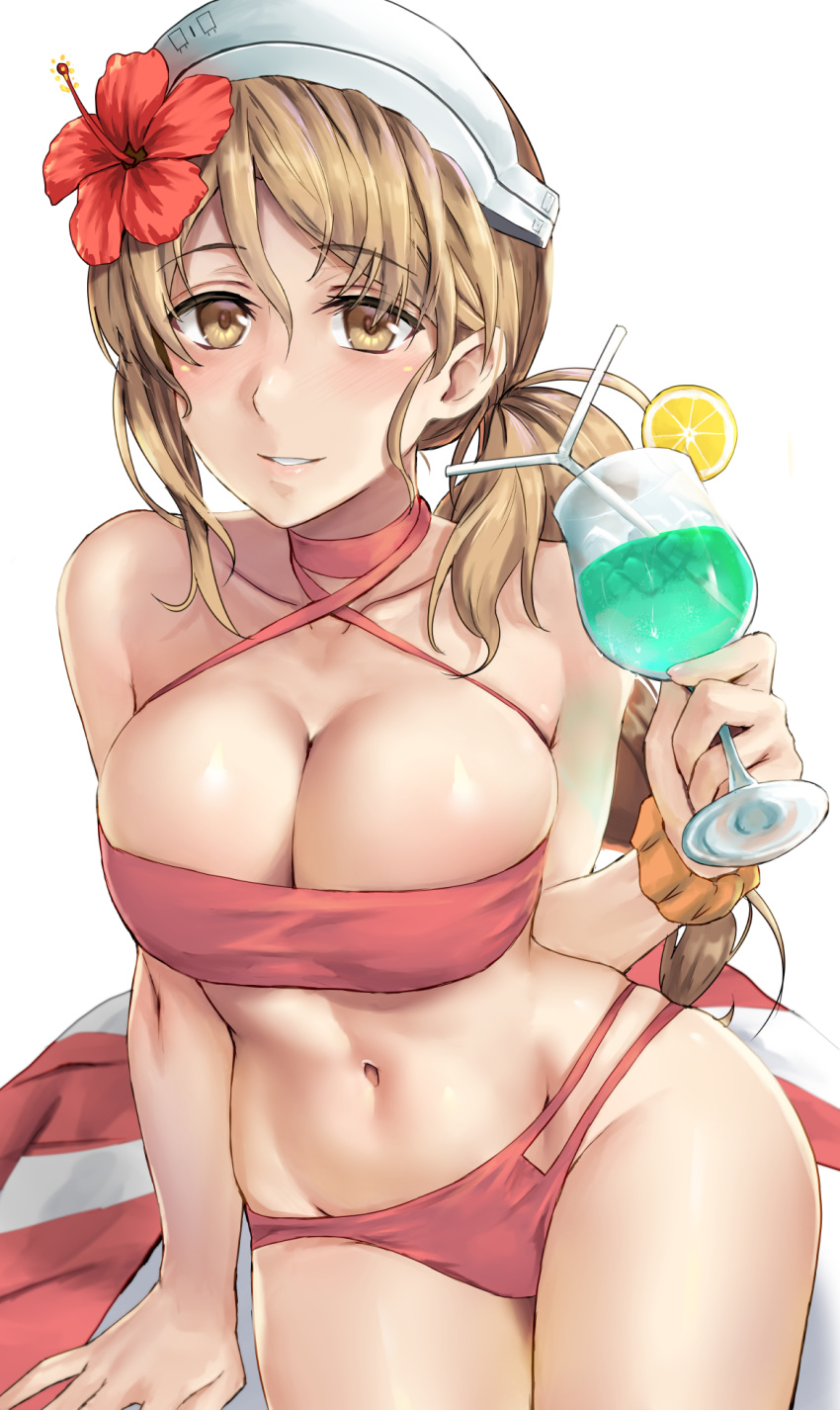 1girl bare_arms bare_shoulders bikini blush breasts brown_eyes brown_hair cleavage collarbone cowboy_shot cup drink drinking_straw eyebrows_visible_through_hair flower food fruit groin hair_flower hair_ornament highres holding holding_cup kantai_collection kokuzou large_breasts lemon lemon_slice littorio_(kantai_collection) long_hair navel red_bikini red_flower simple_background smile solo swimsuit white_background