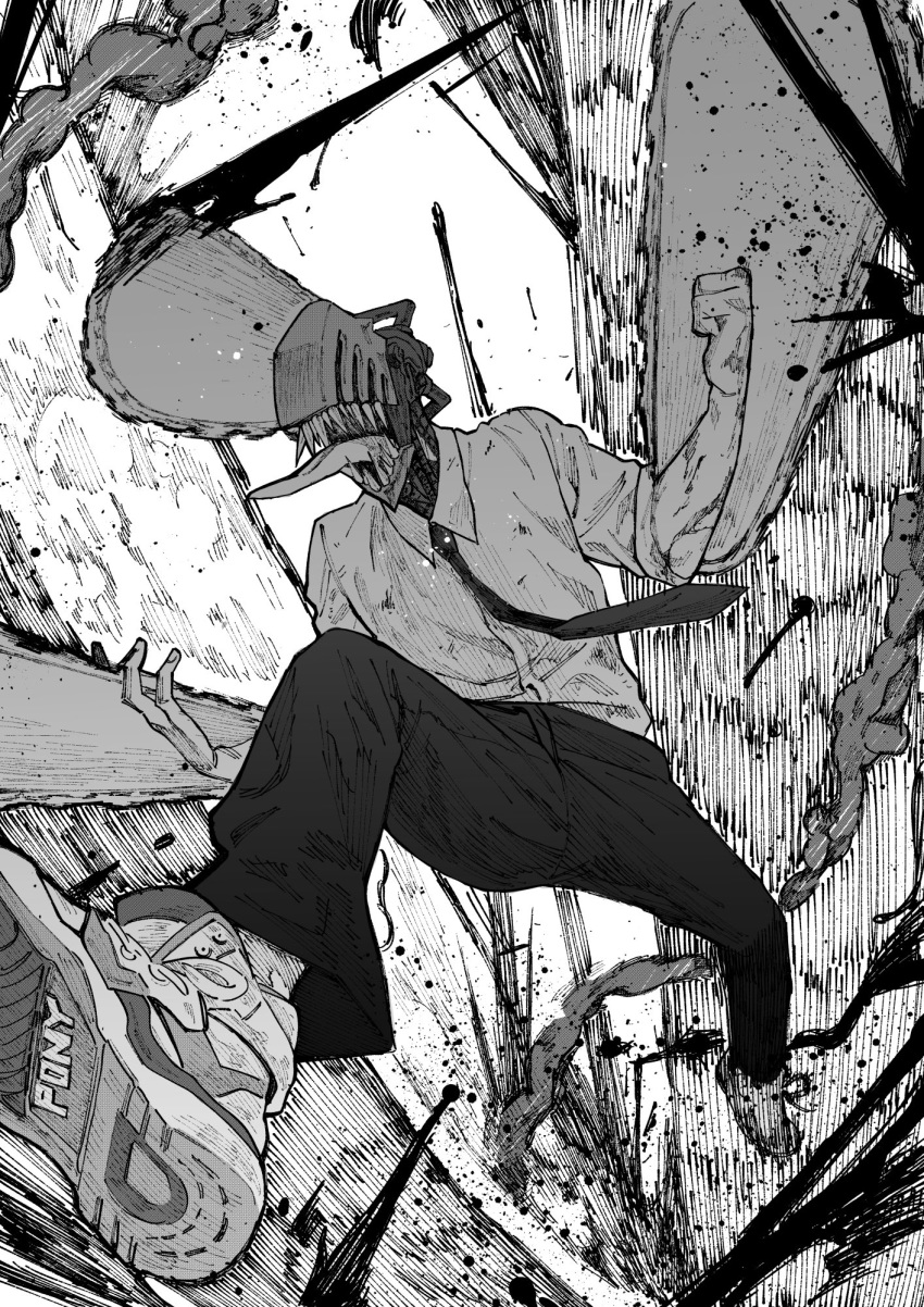 1boy blood blood_splatter bloody_weapon chainsaw chainsaw_man fingernails greyscale hatching_(texture) highres monochrome necktie open_mouth organs otsudou scratches sharp_teeth shoes sneakers solo_focus teeth tongue tongue_out weapon