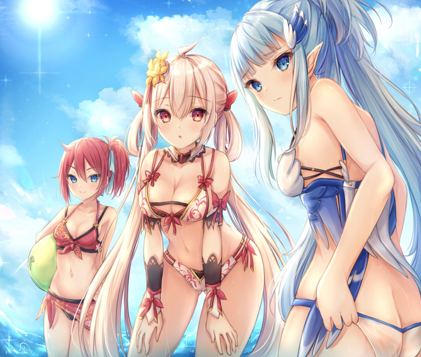 &gt;:) 3girls :o ahoge ass ass_visible_through_thighs ball bangs bare_arms bare_shoulders beachball bikini blue_bow blue_eyes blue_hair blush bow breasts butt_crack carrying_under_arm character_request cleavage closed_mouth commentary_request eyebrows_visible_through_hair flower hair_between_eyes hair_bow hair_flower hair_ornament hair_rings hands_on_own_thighs hands_on_thighs highres kiri_celea leaning_forward long_hair looking_at_viewer matoi_(pso2) medium_breasts multiple_girls parted_lips phantasy_star phantasy_star_online_2 pointy_ears red_bikini red_hair side_ponytail signature silver_hair small_breasts smile standing swimsuit twintails v-shaped_eyebrows very_long_hair water white_bikini yasaka_hitsugi yellow_flower