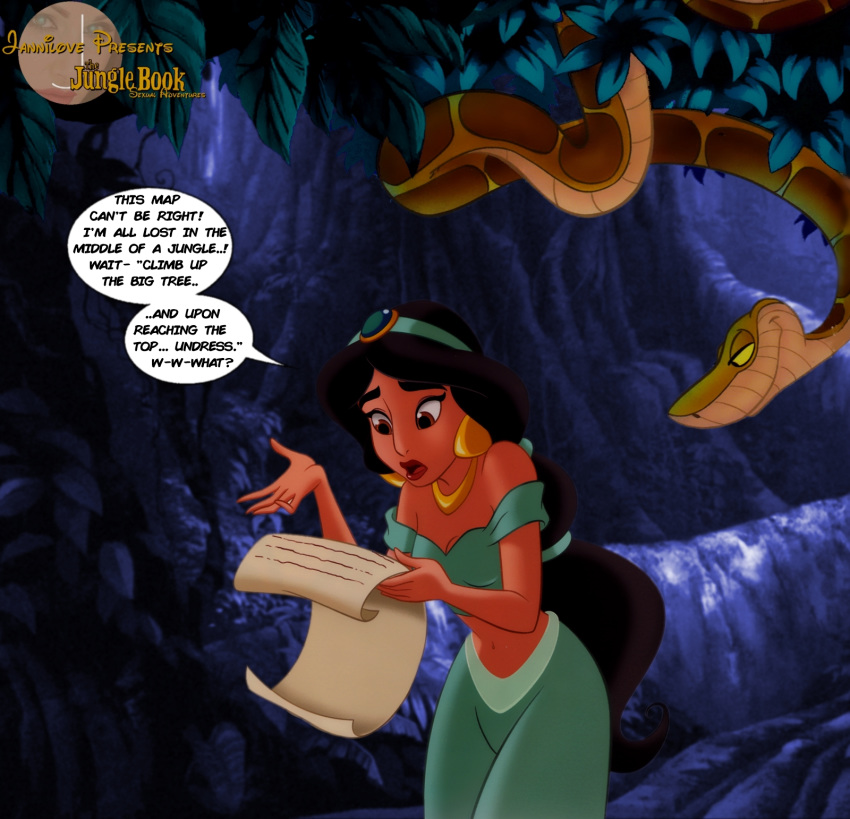 anthro braided_hair collar crossover detailed_background dialogue disney disney's_aladdin duo ear_piercing ear_ring english_text female feral hair hi_res human human_focus jannilove jungle jungle_book kaa_(jungle_book) lost male mammal night piercing princess_jasmine_(aladdin) reptile scalie smile smirk snake tan_body text turquoise_clothing