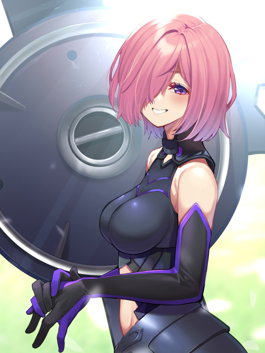 1girl armor armored_dress bare_shoulders blush breasts elbow_gloves fate/grand_order fate_(series) gloves grin hair_over_one_eye highres large_breasts lavender_hair leotard looking_at_viewer mash_kyrielight mikan_(chipstar182) purple_eyes purple_gloves shield short_hair smile