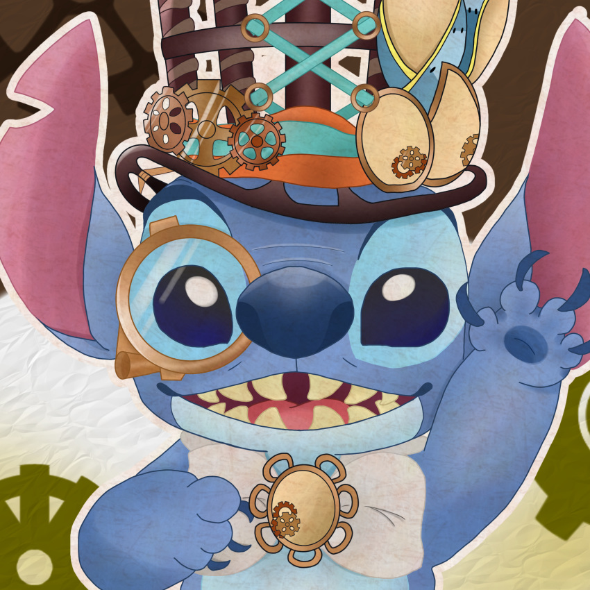 1:1 alien blue_body blue_fur bow claws clothing disney disney_parks experiment_(lilo_and_stitch) fur gesture hat headgear headwear hi_res lilo_and_stitch male open_mouth open_smile pawpads romu semi-anthro sharp_teeth smile solo steampunk stitch_(lilo_and_stitch) teeth tokyo_disneyland tongue waving