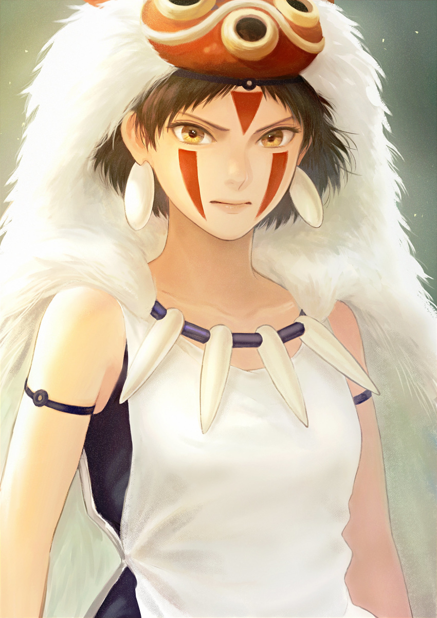 1girl absurdres armband brown_hair facepaint fur headdress highres jewelry looking_at_viewer mask mask_on_head mononoke_hime necklace portrait romiy san short_hair solo studio_ghibli yellow_eyes