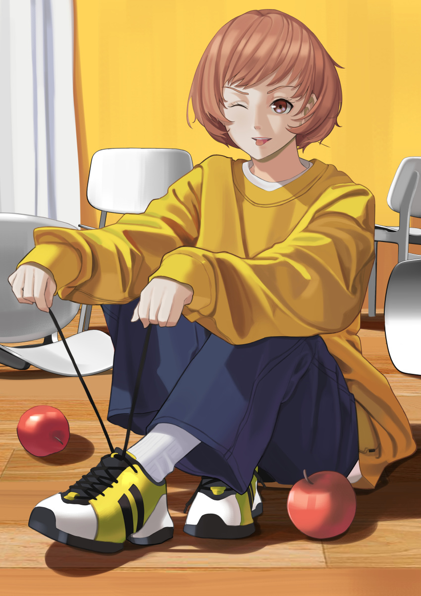 1girl :p absurdres brown_eyes brown_hair haerge highres looking_at_viewer one_eye_closed persona persona_4 satonaka_chie shoelaces shoes short_hair smile solo tongue tongue_out tying_shoes