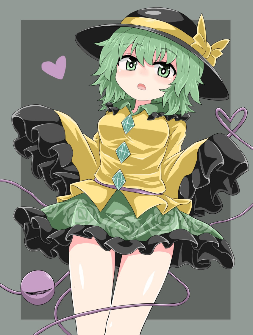 1girl bangs black_frills black_headwear bow breasts bright_pupils chups collarbone eyebrows_visible_through_hair frilled_shirt_collar frilled_skirt frilled_sleeves frills green_eyes green_hair green_skirt grey_background hat hat_bow hat_ribbon heart heart_of_string highres jewelry komeiji_koishi long_sleeves looking_at_viewer miniskirt open_mouth ribbon shirt short_hair simple_background skirt sleeves_past_fingers sleeves_past_wrists solo third_eye touhou wide_sleeves yellow_bow yellow_ribbon yellow_shirt