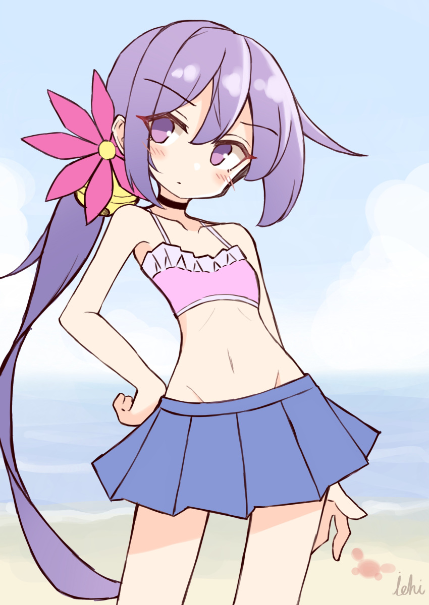 1girl absurdres akebono_(kantai_collection) bangs bare_arms bare_shoulders bell bikini bikini_top black_choker blue_skirt blush choker closed_mouth collarbone commentary_request day eyebrows_visible_through_hair flower frilled_bikini frills groin hair_bell hair_between_eyes hair_flower hair_ornament hand_on_hip highres horizon ichi jingle_bell kantai_collection long_hair navel ocean outdoors pink_bikini pleated_skirt purple_eyes purple_flower purple_hair side_ponytail signature skirt solo swimsuit very_long_hair water