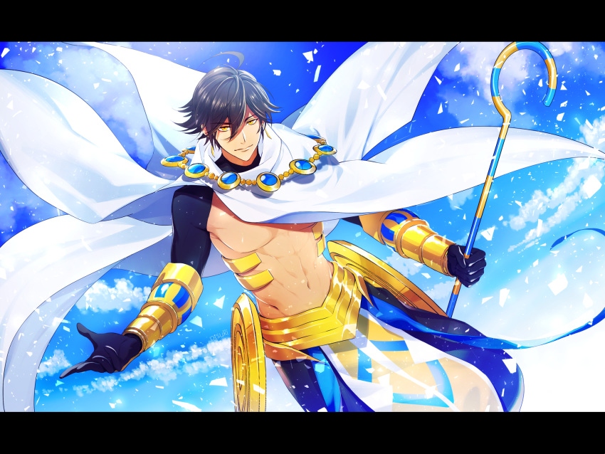 1boy abs ahoge black_gloves brown_hair cape cloud dark_skin dark_skinned_male egyptian egyptian_clothes expressionless fate/grand_order fate/prototype fate/prototype:_fragments_of_blue_and_silver fate_(series) gauntlets gloves gpnet hair_between_eyes highres holding holding_staff jewelry looking_at_viewer male_focus muscle necklace ozymandias_(fate) shirtless shrug_(clothing) sky solo staff white_cape yellow_eyes