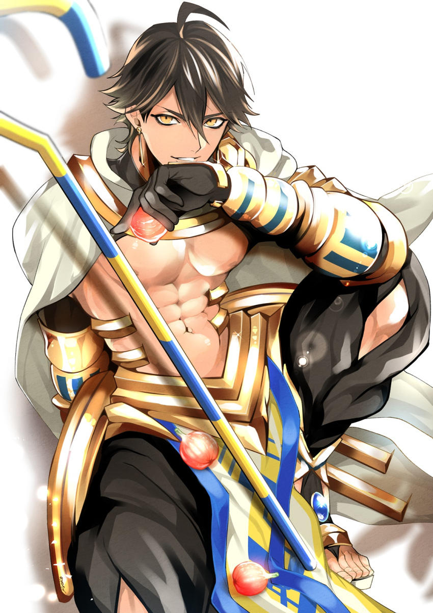 1boy abs ahoge black_gloves brown_hair cape dark_skin dark_skinned_male egyptian egyptian_clothes eyebrows fate/grand_order fate/prototype fate/prototype:_fragments_of_blue_and_silver fate_(series) food fruit gauntlets gloves hair_between_eyes highres holding holding_food holding_fruit jewelry looking_at_viewer male_focus muscle necklace ozymandias_(fate) shinozaki_kyouko shirtless shrug_(clothing) simple_background sitting solo staff white_background white_cape yellow_eyes
