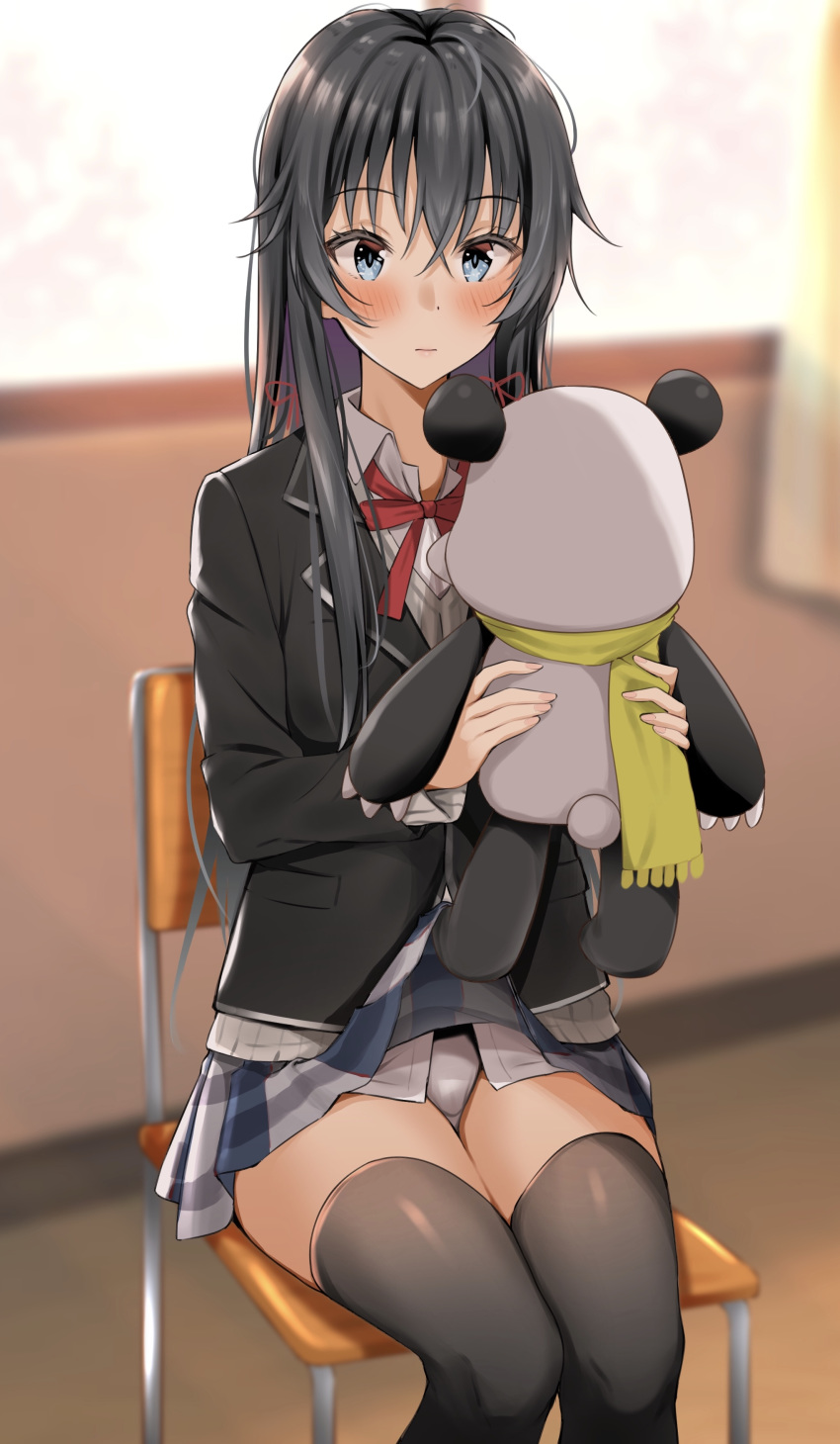 1girl absurdres bangs black_hair black_jacket black_legwear blue_eyes blush cardigan chair closed_mouth collared_shirt commentary_request curtains eyebrows_visible_through_hair grey_cardigan grey_skirt hair_ribbon highres holding holding_stuffed_animal jacket long_hair long_sleeves nakamachi_machi panties pantyshot plaid plaid_skirt pleated_skirt ribbon scarf school_uniform shirt sidelocks sitting skirt skirt_lift solo stuffed_animal stuffed_panda stuffed_toy thighhighs thighs underwear wall white_panties white_shirt window yahari_ore_no_seishun_lovecome_wa_machigatteiru. yukinoshita_yukino