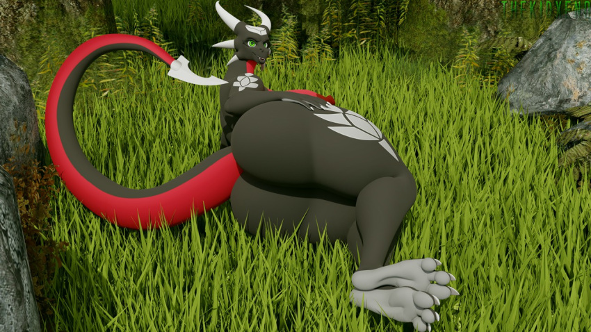 16:9 3d_(artwork) activision anthro big_breasts big_butt breasts butt claws convenient_censorship cynder digital_media_(artwork) dragon female grass green_eyes hand_on_hip horn huge_breasts huge_butt looking_at_viewer looking_back lying nipples nude open_mouth outside presenting presenting_hindquarters rear_view rock scalie seductive smile solo spyro_the_dragon teeth thekidxeno tree video_games widescreen