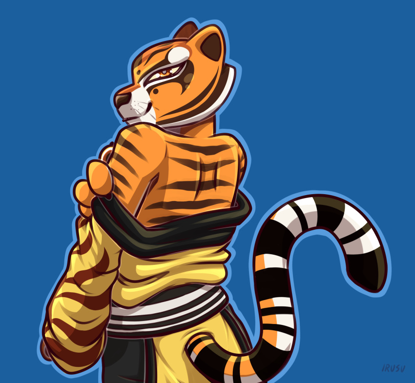 anthro bare_shoulders clothing dreamworks felid female fur fur_markings hi_res kung_fu_panda looking_at_viewer lrusukun mammal markings master_tigress pantherine rear_view solo tiger undressing