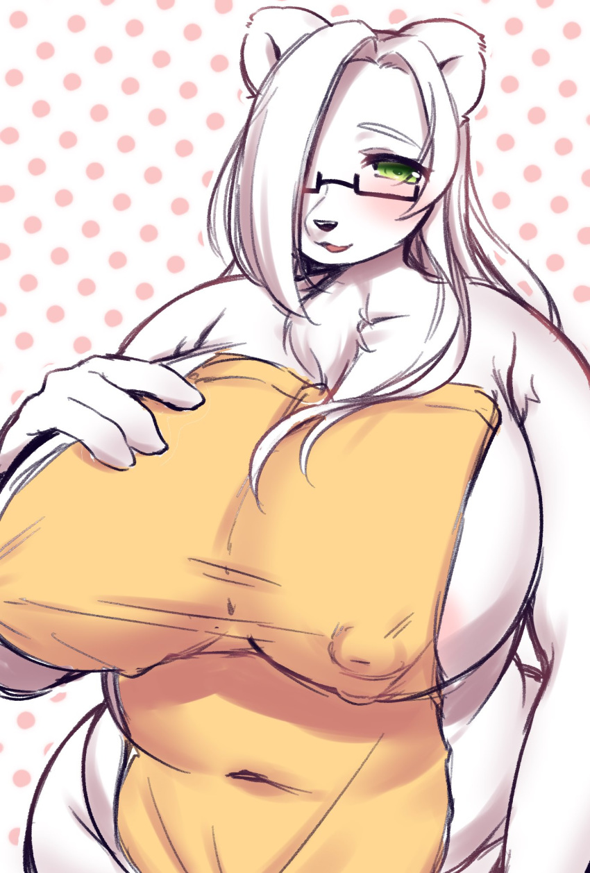 2020 anthro big_breasts blush breasts eyewear female fingers fur glasses green_eyes hair hair_over_eye hi_res huge_breasts long_hair mammal nipple_outline one_eye_obstructed overweight overweight_anthro overweight_female sakuragiyomi solo towel towel_only ursid white_body white_fur white_hair